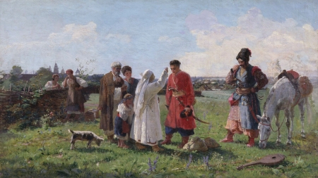 Farewell to the Sich - people, paiting, farewell to the sich, afanasiy slastion, man, pictura, white, red, woman, cossacks, art