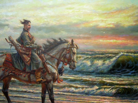 Cossack - cossack, water, summer, sea, horse, pictura, jozef brandt, painting, art, luminos