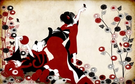 Geisha - red, flower, black, bird, abstract, art, butterfly, geisha, kimono, asian, stephen banks