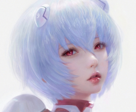 Ayanami Rei - face, portrait, pink, girl, ayanami rei, blue, ruoxin zhang, fantasy, amethyst eyes, luminos