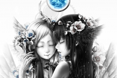 Angel and demon - anime, realistic, blue, girl, angel, bouno satoshi, flower, horns, black, manga, fantasy, white, wings, couple, luminos, demon