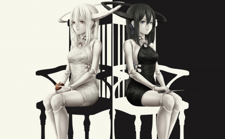 Dolls - anime, girl, bouno satoshi, doll, chair, black, manga, fantasy, white, fruit, apple, couple, luminos