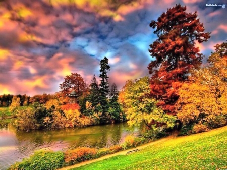 Autumn Landscape - nature, season, autumn, lake, landscape, trees, forest, clouds