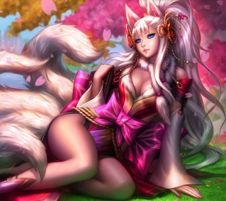 Sooyin Aeryia - girl, frumusete, sooyin aeryia, fantasy, white, fox, pink, luminos, green, michellehoefener, nine tails, ahri