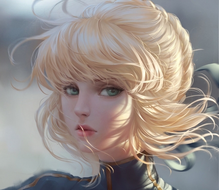 Arturia - saber, arturia, chubymi, portrait, girl, blonde, frumusete, fantasy, wind, face, luminos