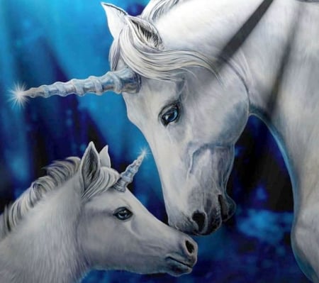 Unicorns - horse, kiss, cute, mother, baby, blue, unicorn, white, fantasy, luminos