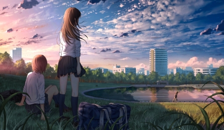 Park View - anime friends, mother, classmates, anime girl, grass, seifuku, park, sunset, child, anime, school uniform, sky, pond, long hair, clouds, friends, trees, school bag