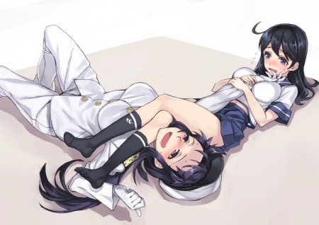 Pleasurable Armbar - Ushio, Kantai Collection, Black Hair, Anime Girl, Blushing, Smile, Armbar, Thumbs Up, Anime, Happy, Long Hair, Admiral, School Uniform, Seifuku, Blue Hair, Big Eyes