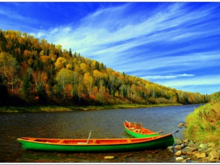 Autumn Serenity - nature, sky, autumn, trees, forest, clouds, river, boat