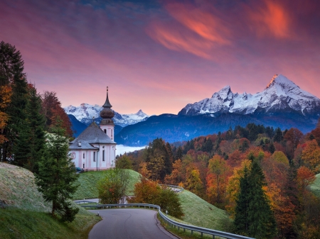 The Bavarian Alps,Germany - nature, autumn, maria gern, alps, mountains, sunset, road, germany