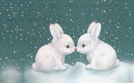 :) - kiss, cute, craciun, christmas, blue, art, white, rabbit, fantasy, luminos, couple, bunny, snow