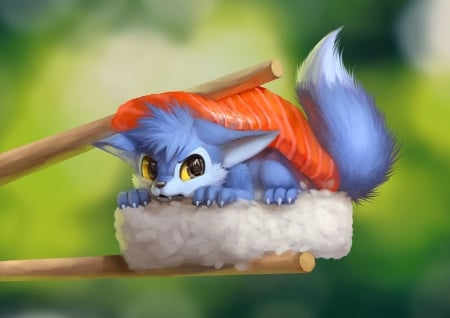 Bad sushi - funny, animal, cute, silverfox5213, fox, blue, fantasy, bad sushi, orange, vulpe, food, luminos, green