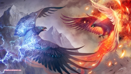 Thunder and Flame - bird, blue, flame, thunder, orange, fantasy, dragolisco, fire, pasare, luminos