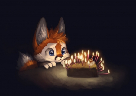 Happy Birthday! - child, cute, black, birthday, silverfox5213, fox, candle, fantasy, light, orange, vulpe, cake