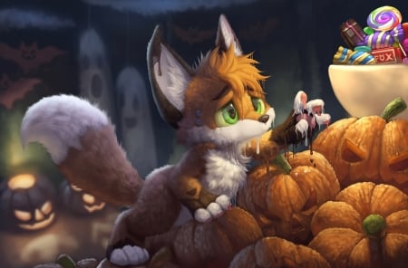 Sweet paw - paw, sweets, pumpkin, vulpe, child, fantasy, fox, candy, halloween, silverfox5213, orange, cute