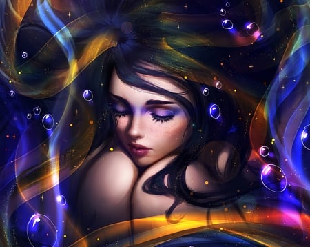 The depth - girl, depth, colorful, bubbles, fantasy, art, mermaid, luminos, blue, ayyasap