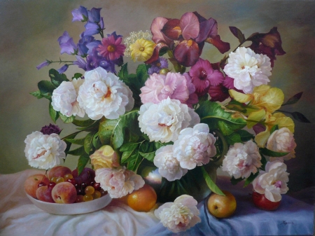 Flowers and fruits - pictura, painting, fruit, flower, art, luminos