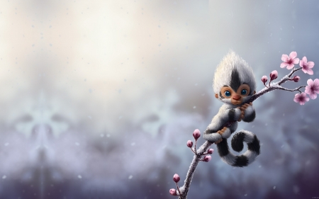 Little monkey - pink, cute, black, baby, spring, blossom, sakura, ellie horie, blue, white, monkey, maimuta, fantasy, little, branch, luminos