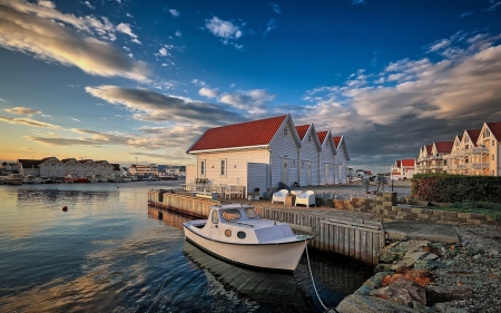 Akrehamn, Norway - sky, houses, clouds, harbor, boat