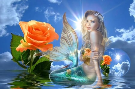 SUNSHINE MERMAID - sky, ocean, sunshine, female, reflection, mermaid, clouds, flowers