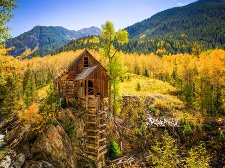 House on Autumn Forest - nature, autumn, trees, forest, house, mountains, rocks