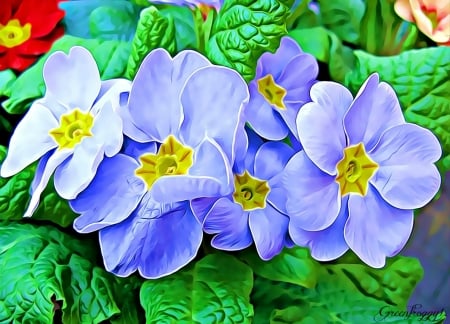 BLUE PRIMULAS - flowers, primula, fractal, abstract