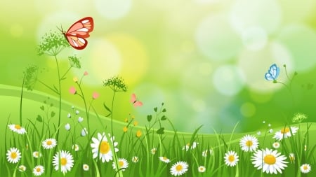 Spring Field - Grass, Butterfly, Flowers, Green