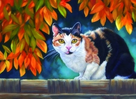 Calice Colors - autumn, love four seasons, cat, animals, leaves, colors, paintings, fall season