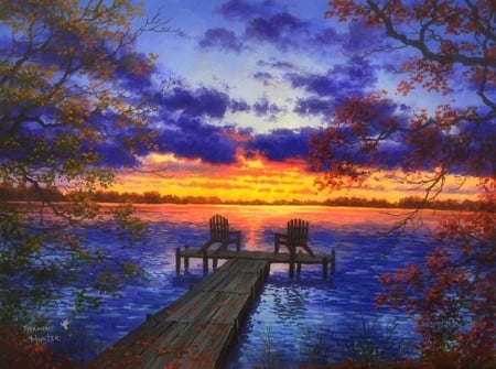 October Sunset - attractions in dreams, autumn, sky, chairs, lakes, nature, love four seasons, october, clouds, sunsets, leaves, paintings, colors, fall season