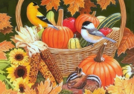 Harvest Basket - birds, pumpkins, corns, paintings, harvest, colors, fall season, leaves, flowers, basket, apples, autumn, love four seasons, squirrel, animals