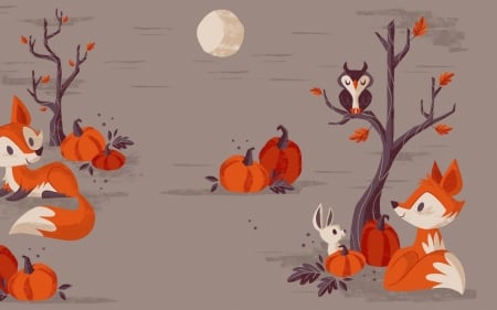 Moonlight - moon, pumpkin, night, vulpe, fantasy, pasare, bird, fox, halloween, art, luminos, orange, owl, luna, tree