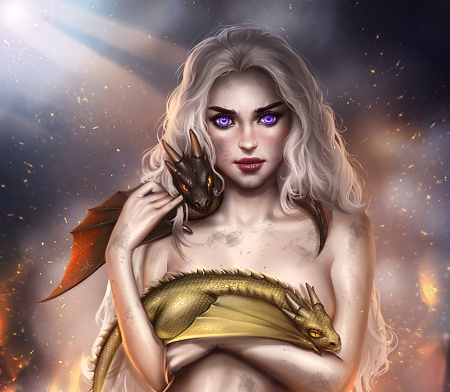 Daenerys - game of thrones, amethyst eyes, girl, blonde, daenerys targaryen, fantasy, dragon, mother of dragons, ayyasap, princess, art, luminos