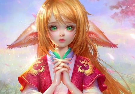 Cute fox girl - pink, cute, blonde, girl, fox, redhead, fantasy, ears, hand, luminos