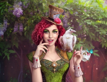 Lady Hatter - pink, bird, kosolap, girl, frumusete, fantasy, lady hatter, hat, hand, luminos, green