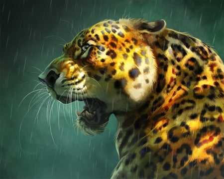 Leopard - leopard, blue, silly beasts, orange, therese larsson, fantasy, funny, rain, cute