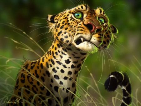 Leopard - silly beasts, funny, fantasy, face, leopard, luminos, aaron blaise, green, cute