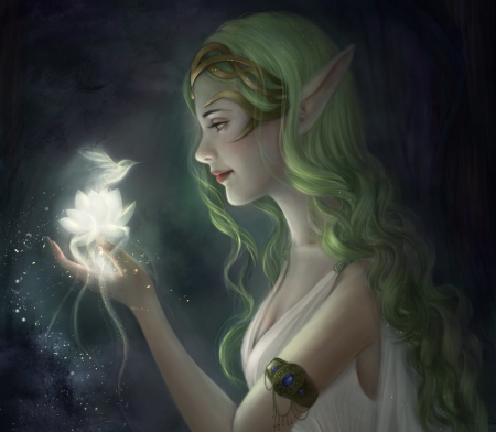 Magic lotus - lotus, magic, girl, flower, elf, frumusete, thao anh, fantasy, white, hand, green, art, luminos, jidu276