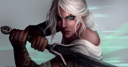 Ciri - fantasy, the witcher, girl, sword, astri-lohne, art, luminos, ciri