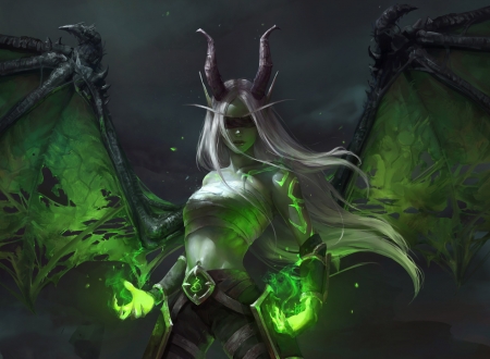 Demoness - bat, magical, horns, black, fantasy, green, wings, halloween, astri-lohne, art, luminos, demon