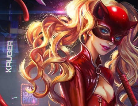 Ann Takamaki - red, mask, cat, blonde, girl, pisica, fantasy, jiuge, luminos