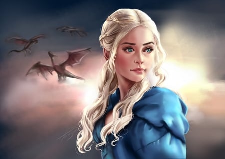 Daenerys - pomelyne, girl, blue, art, fantasy, game of thrones, princess, luminos, daenerys targaryen