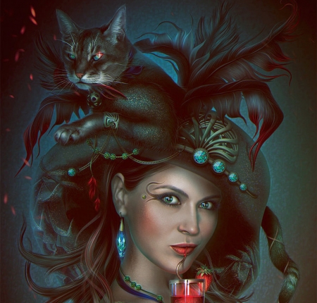 Duet - hat, glass, cat, girl, jewel, frumusete, pisica, fantasy, face, luminos, red, blue, svetlanaklimova