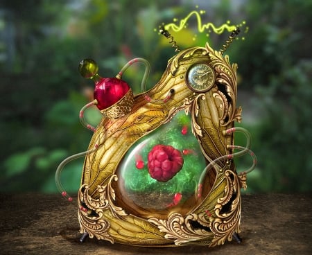 Raspberry - kosolap, fantasy, raspberry, red, green, fruit, clock, golden