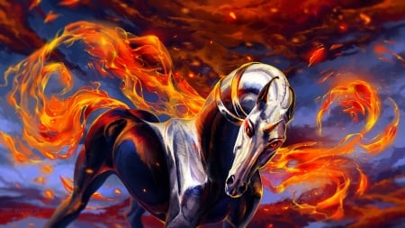 My skies will burn - blue, alaiaorax, orange, horse, black, fantasy, white, fire, art, luminos