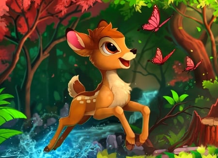 Nonchalance - adorable, cartoon, funny, fantasy, deer, art, forest, sweet, smile, cute, bambi, butterflies