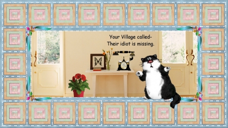 Village Idiot - quilt, text, phone, cat