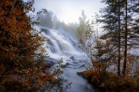 Fog over Fall Forest Waterfall - nature, autumn, fall, forests, trees, fog, waterfalls, rocks