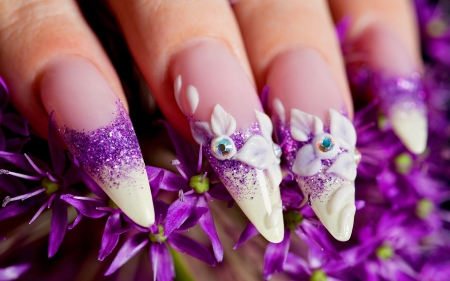 Purple - hand, purple, nails, flower, pink