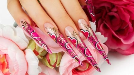 Pink nails - flower, hand, pink, nails