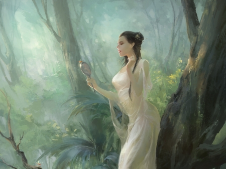 Forest beauty - beauty, girl, fantasy, white, art, forest, mirror, luminos, green, apple xiebin